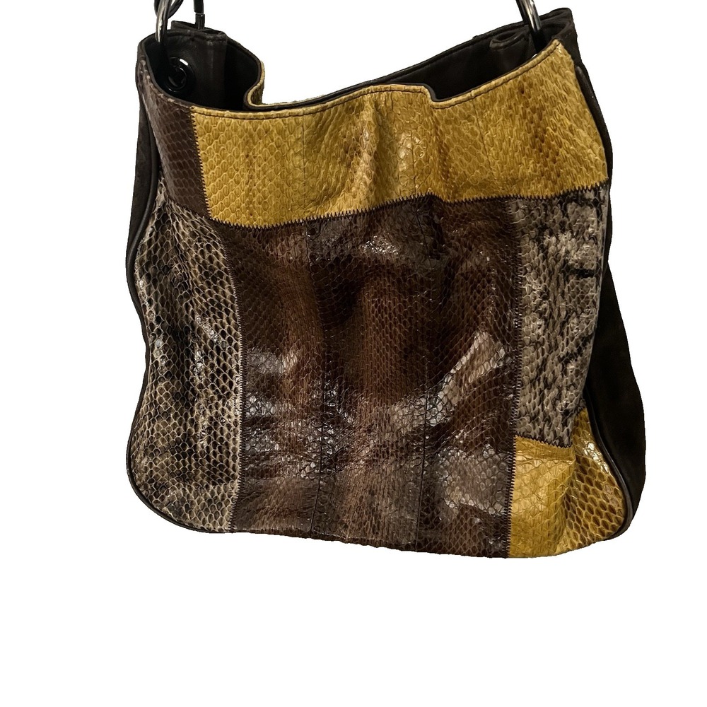 WORTH NY GENUINE Snakeskin‎ & Suede Leather Patchwork XL Bag Brown Gold